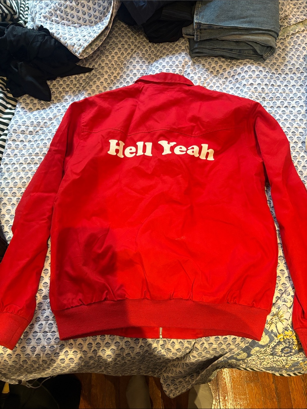 Olive & Frank Red Harrington-Style Zip Jacket - “hell yeah” back
